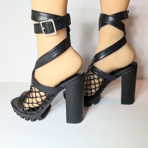 Cape Robbin Black Netted Strappy Chunky High Heels - Picture 6 of 13